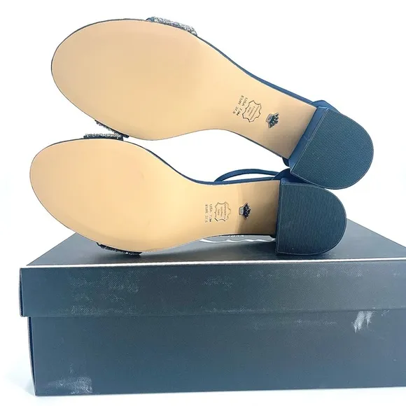 WOMENS NAVY SUEDETTE CRYSTAL BLOCK MID-HEEL ANKLE STRAP DRESS SANDAL NIB!