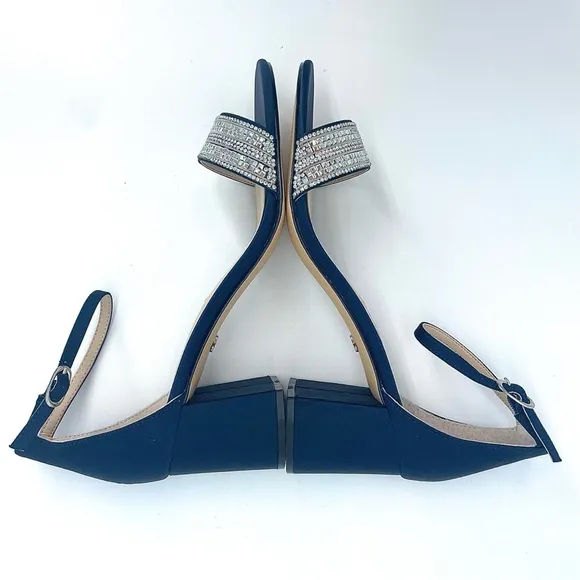 WOMENS NAVY SUEDETTE CRYSTAL BLOCK MID-HEEL ANKLE STRAP DRESS SANDAL NIB!