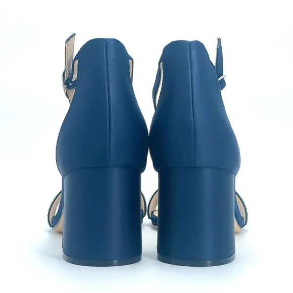 WOMENS NAVY SUEDETTE CRYSTAL BLOCK MID-HEEL ANKLE STRAP DRESS SANDAL NIB!