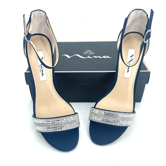 WOMENS NAVY SUEDETTE CRYSTAL BLOCK MID-HEEL ANKLE STRAP DRESS SANDAL NIB!