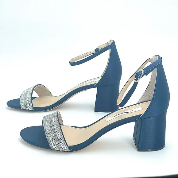 WOMENS NAVY SUEDETTE CRYSTAL BLOCK MID-HEEL ANKLE STRAP DRESS SANDAL NIB!