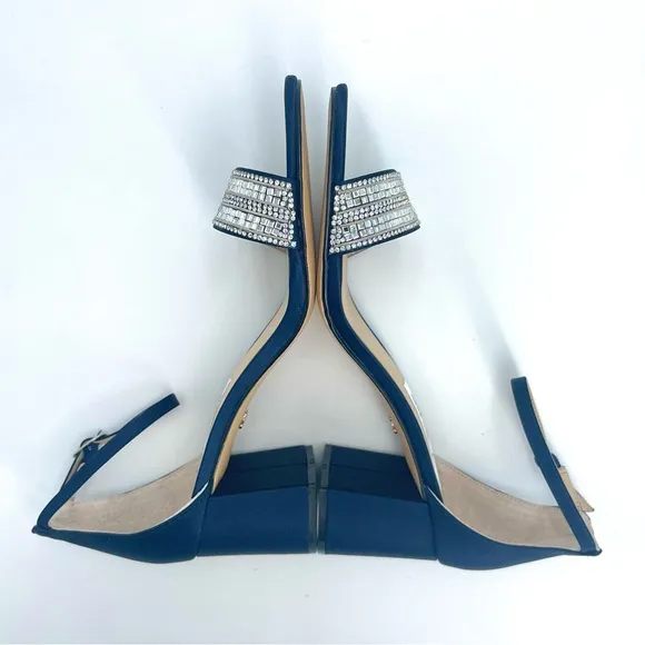 WOMENS NAVY SUEDETTE CRYSTAL BLOCK MID-HEEL ANKLE STRAP DRESS SANDAL NIB!