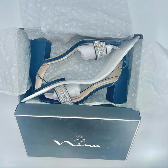 WOMENS NAVY SUEDETTE CRYSTAL BLOCK MID-HEEL ANKLE STRAP DRESS SANDAL NIB!