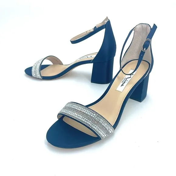 WOMENS NAVY SUEDETTE CRYSTAL BLOCK MID-HEEL ANKLE STRAP DRESS SANDAL NIB!