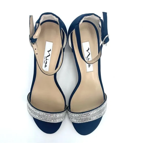 WOMENS NAVY SUEDETTE CRYSTAL BLOCK MID-HEEL ANKLE STRAP DRESS SANDAL NIB!