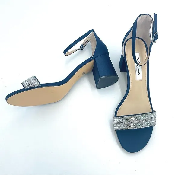 WOMENS NAVY SUEDETTE CRYSTAL BLOCK MID-HEEL ANKLE STRAP DRESS SANDAL NIB!