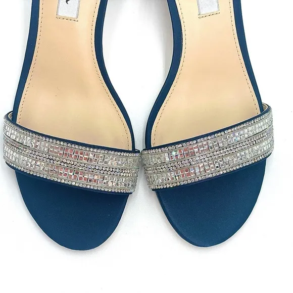 WOMENS NAVY SUEDETTE CRYSTAL BLOCK MID-HEEL ANKLE STRAP DRESS SANDAL NIB!