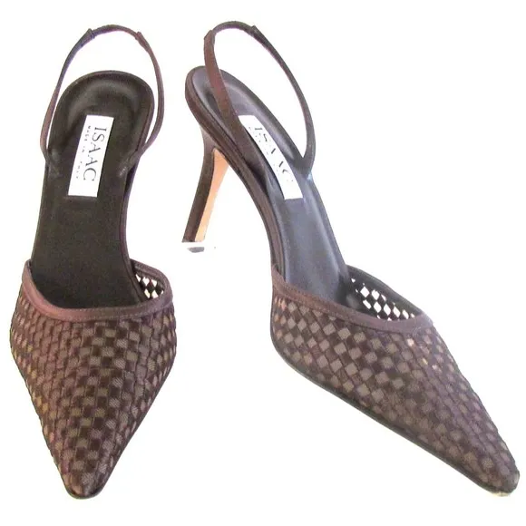 Women's Shoes Heels Designer Issac Brown Satin Fabric Slingbacks Heels 8.5 M