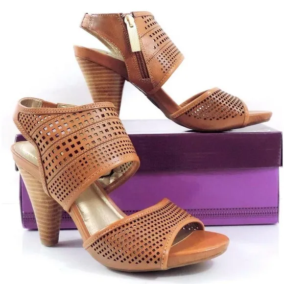 Women's Shoes Me Too Dixie 4 Leather Dress Heels Sandal Sandal Wood Tan Size 8.5