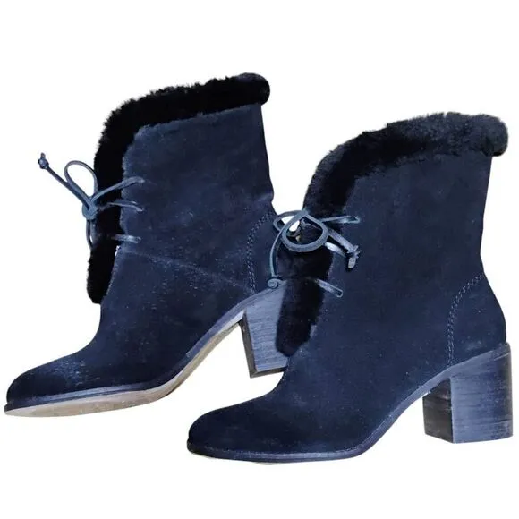 Womens Splendid Cassidy Faux Fur Lace-Up Block Heel Boots 7.5