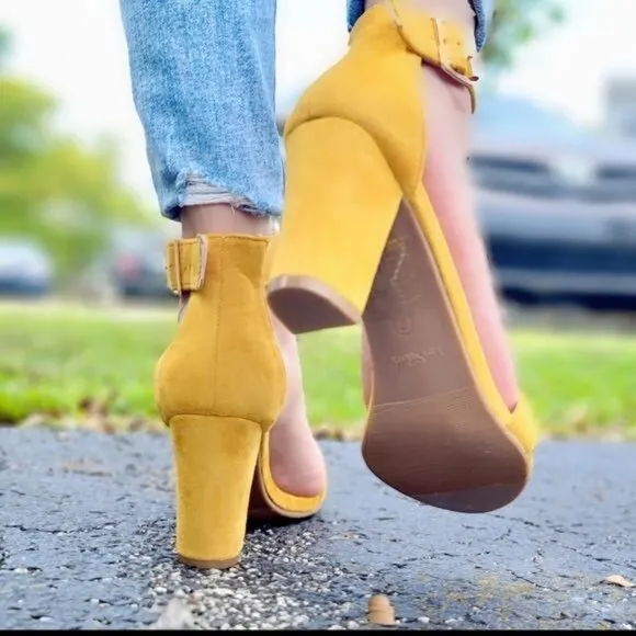 Womens Suede Ankle Strap Block Heel Dress Sandals Mustard Yellow Color