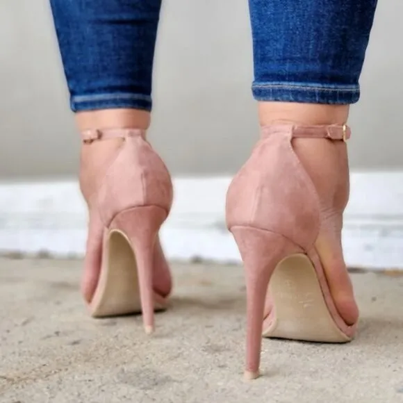 Women's Suede Strappy Ankle High Heel Sandals Blush Color