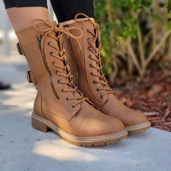 Women's Tan Lace up and‎ Ankle Mid Calf Combat Boots