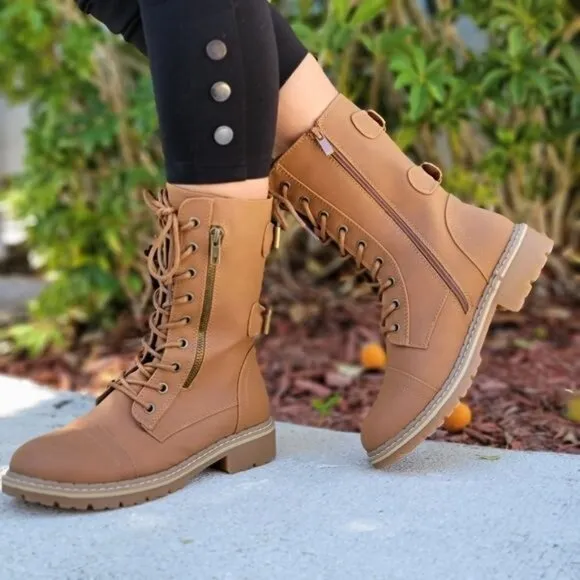 Women's Tan Lace up and‎ Ankle Mid Calf Combat Boots