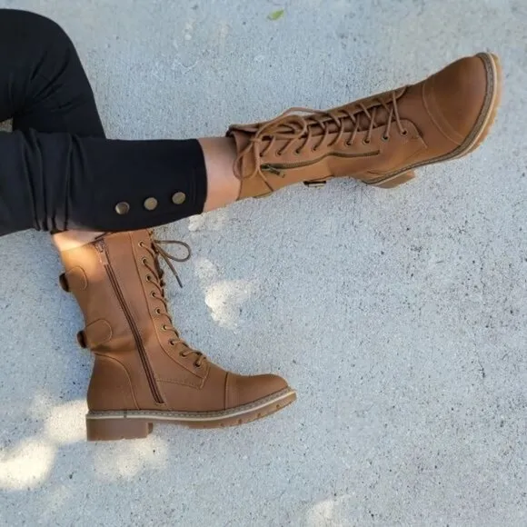 Women's Tan Lace up and‎ Ankle Mid Calf Combat Boots