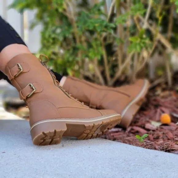 Women's Tan Lace up and‎ Ankle Mid Calf Combat Boots