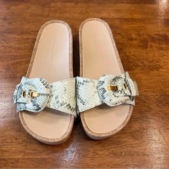 Women's Veronica Beard Dixie Snake-Print Natural Buckle Slide Sandals size 9