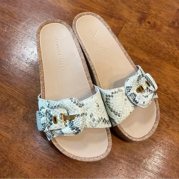 Women's Veronica Beard Dixie Snake-Print Natural Buckle Slide Sandals size 9