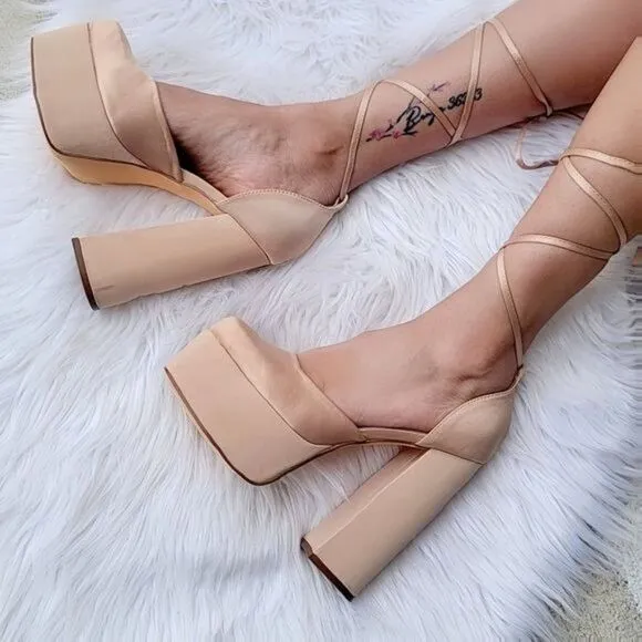 Womens Lace Up High Heels Platform Sandals Champagne Color