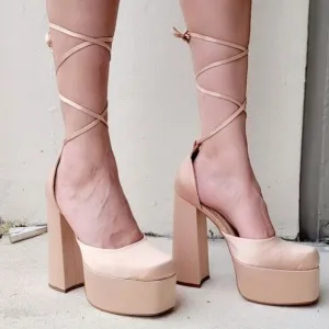 Womens Lace Up High Heels Platform Sandals Champagne Color