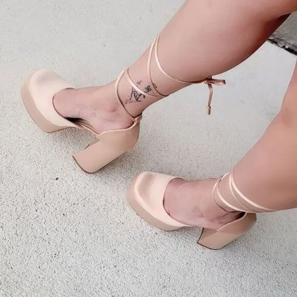 Womens Lace Up High Heels Platform Sandals Champagne Color