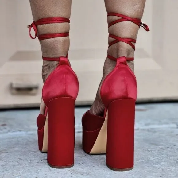 Womens Satin Platform Chunky Lace Up Heels Red Color