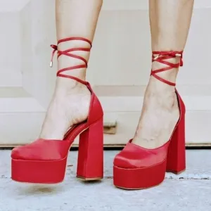 Womens Satin Platform Chunky Lace Up Heels Red Color