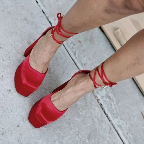 Womens Satin Platform Chunky Lace Up Heels Red Color