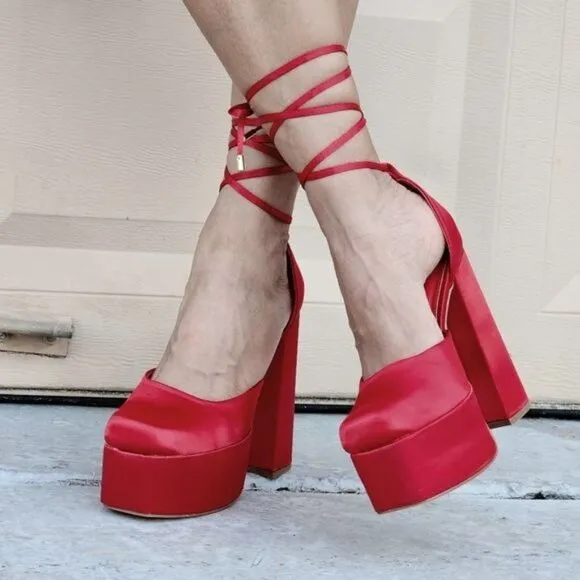Womens Satin Platform Chunky Lace Up Heels Red Color