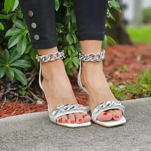 Womens White Ankle Strap Heels Chains Stiletto Sandals
