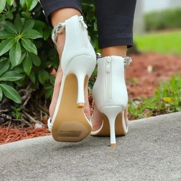 Womens White Ankle Strap Heels Chains Stiletto Sandals