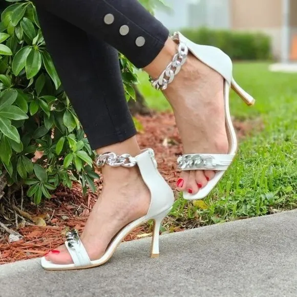 Womens White Ankle Strap Heels Chains Stiletto Sandals
