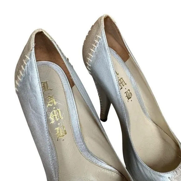 Y2K LAMB by Gwen Stefani silver and gold metallic high heel platform shoes 8
