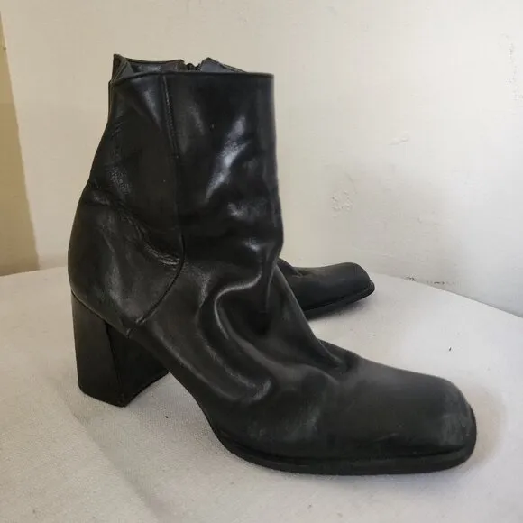 Y2K Nine West Black Leather Boots Block Heel Side Zip Size 9 Binny Chunky