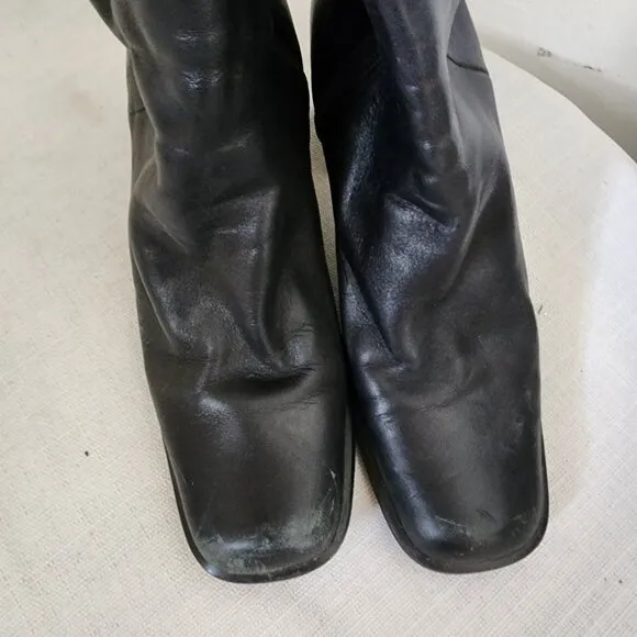 Y2K Nine West Black Leather Boots Block Heel Side Zip Size 9 Binny Chunky