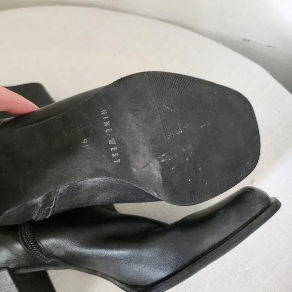 Y2K Nine West Black Leather Boots Block Heel Side Zip Size 9 Binny Chunky