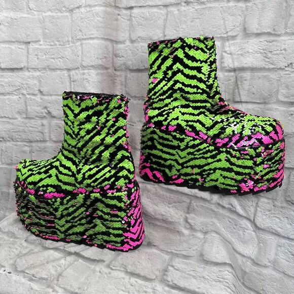 YRU Sequin 5&quot; Platform Women's Size 10 Shoes Qomet Zebra Boots Punk Goth Rave