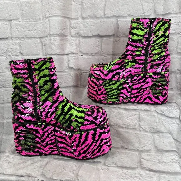 YRU Sequin 5&quot; Platform Women's Size 10 Shoes Qomet Zebra Boots Punk Goth Rave