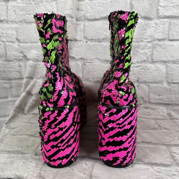 YRU Sequin 5&quot; Platform Women's Size 10 Shoes Qomet Zebra Boots Punk Goth Rave