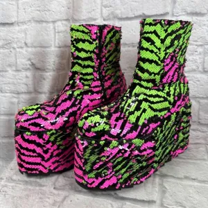 YRU Sequin 5&quot; Platform Women's Size 10 Shoes Qomet Zebra Boots Punk Goth Rave