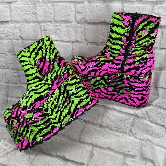 YRU Sequin 5&quot; Platform Women's Size 10 Shoes Qomet Zebra Boots Punk Goth Rave