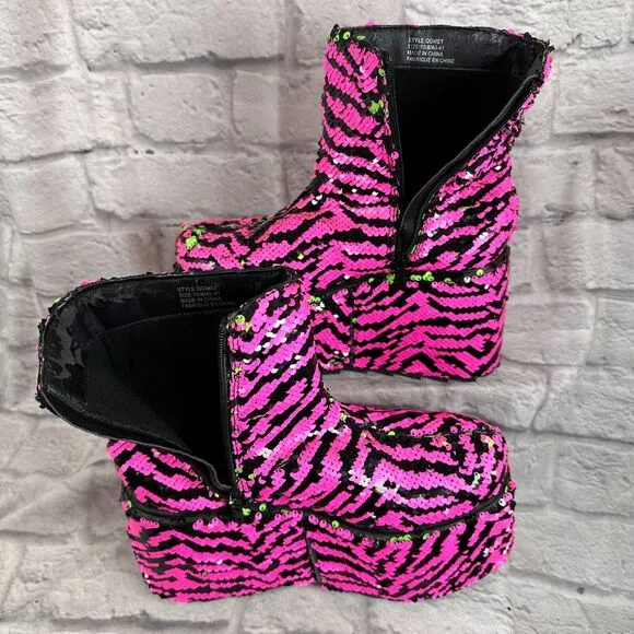 YRU Sequin 5&quot; Platform Women's Size 10 Shoes Qomet Zebra Boots Punk Goth Rave