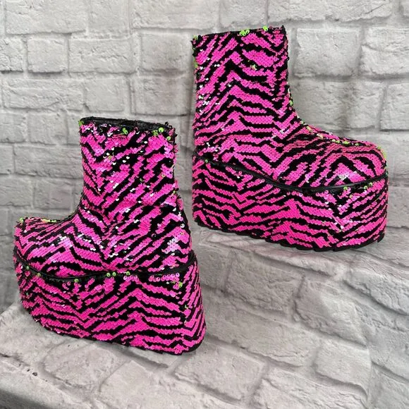 YRU Sequin 5&quot; Platform Women's Size 10 Shoes Qomet Zebra Boots Punk Goth Rave