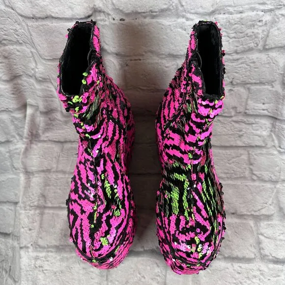 YRU Sequin 5&quot; Platform Women's Size 10 Shoes Qomet Zebra Boots Punk Goth Rave