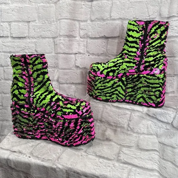 YRU Sequin 5&quot; Platform Women's Size 10 Shoes Qomet Zebra Boots Punk Goth Rave