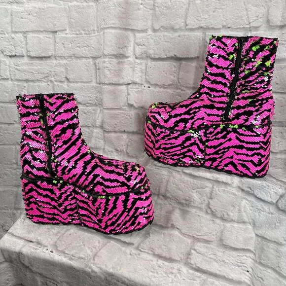 YRU Sequin 5&quot; Platform Women's Size 10 Shoes Qomet Zebra Boots Punk Goth Rave