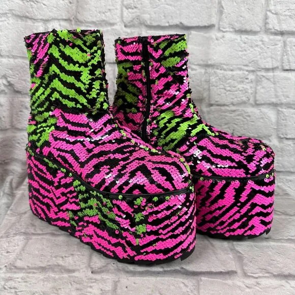 YRU Sequin 5&quot; Platform Women's Size 10 Shoes Qomet Zebra Boots Punk Goth Rave