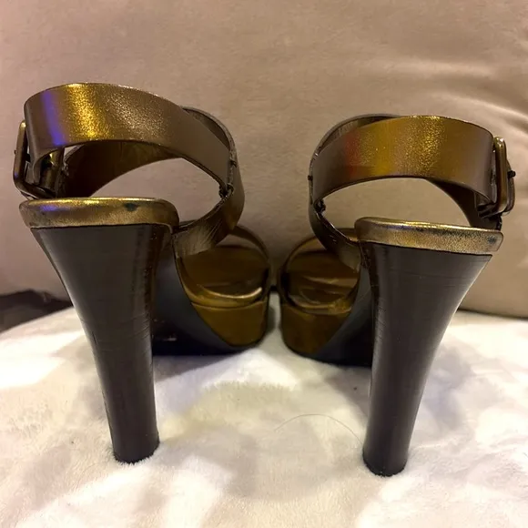 YSL Barbare 85 Denver Lame Strappy  Bronze High Stiletto Sandal Size 36 1/2