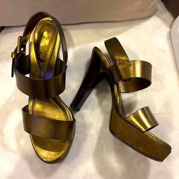 YSL Barbare 85 Denver Lame Strappy  Bronze High Stiletto Sandal Size 36 1/2