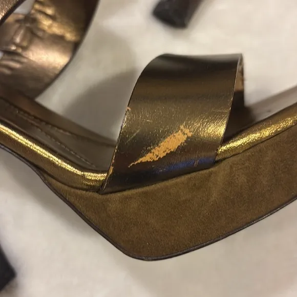 YSL Barbare 85 Denver Lame Strappy  Bronze High Stiletto Sandal Size 36 1/2